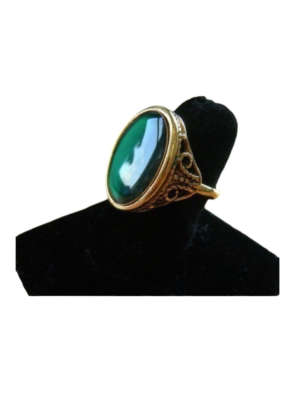 Vintage Gold Filled Filagree Ring With Dark Green Lucite Cabochon NWOB